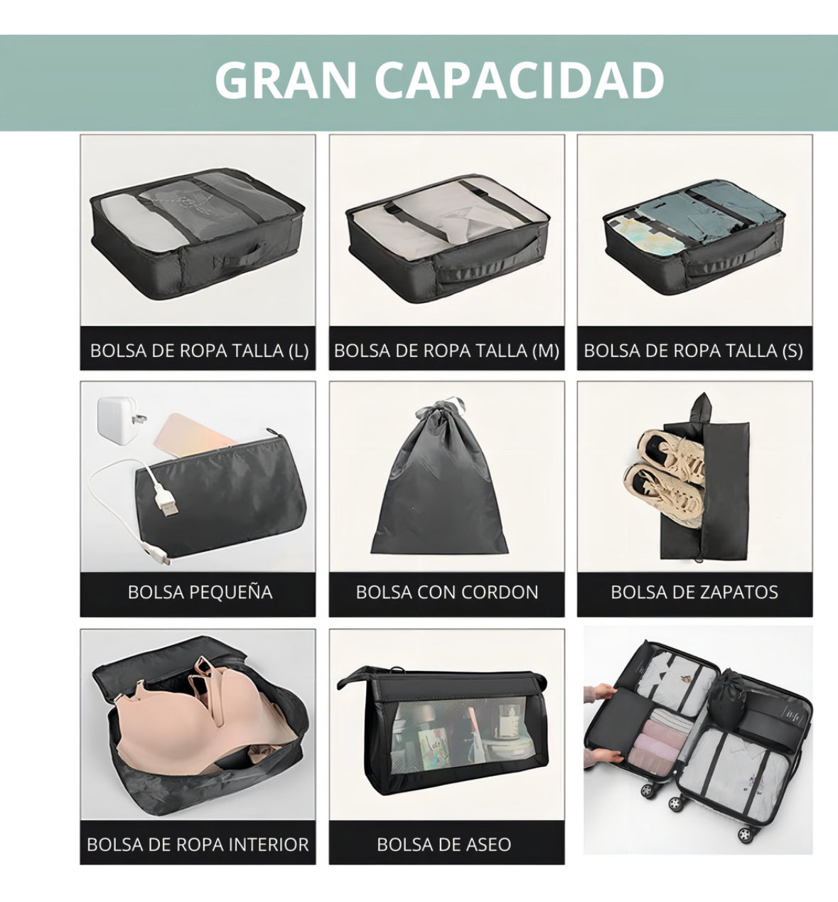 Juego De 8 Bolsas Organizadoras De Maletas, Set Viaje Equipaje